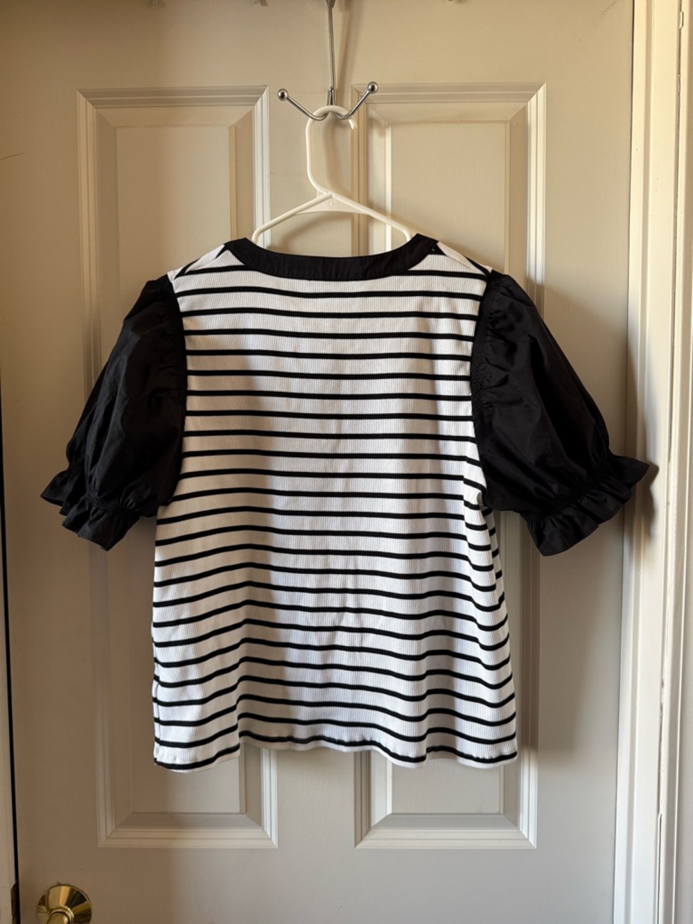 Bailey 44 Black and White Striped Puff Sleeve Henley Top - Picture 2 of 7